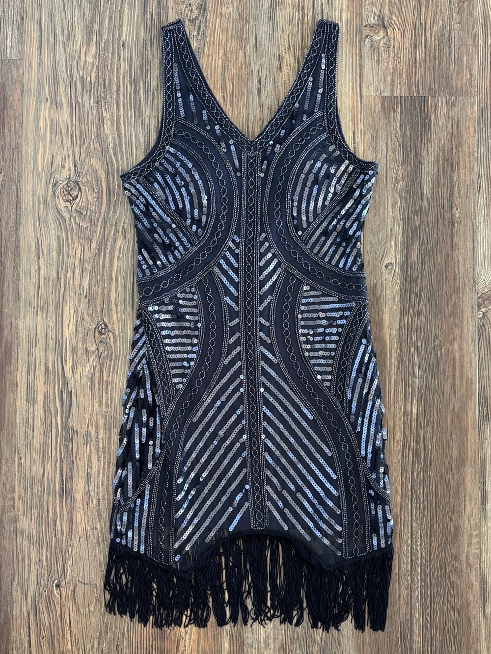 Jolene Sequin Beaded Fringe Flapper Formal Dress M Navy Blue Sleeveless Prom